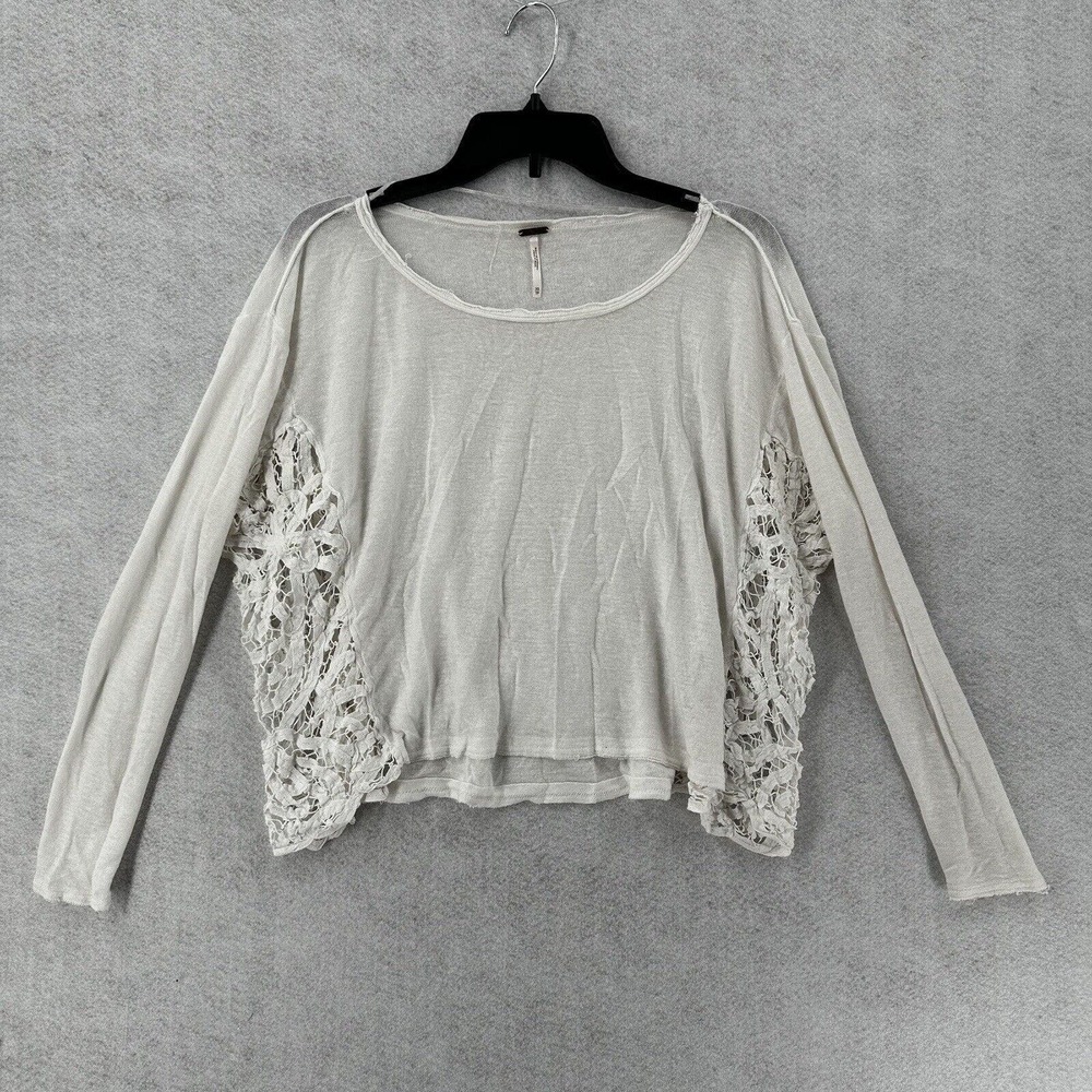 Free People Sweater Womens XS White Crochet‎ Open Loose Knit Lace Crop Top